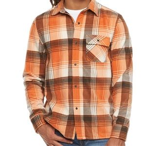 Men’s orange plaid “shacket” (shirt jacket)